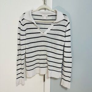 Halston Heritage Navy and White Striped Linen blend V-neck sweater